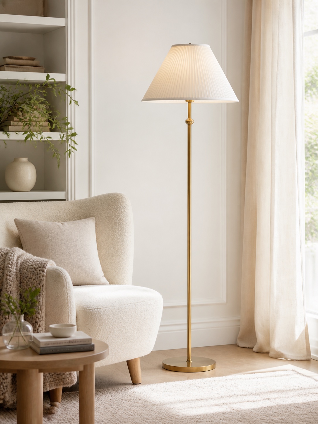 Floor lamp beside a bright reading corner