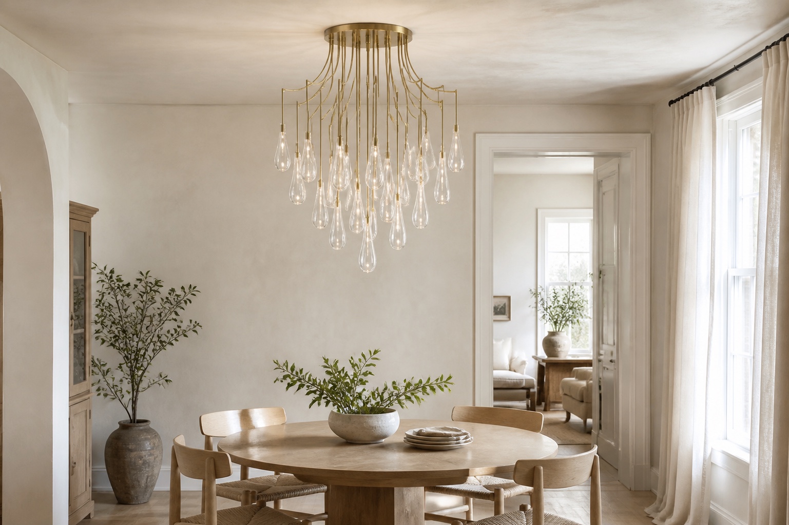 Custom decorative chandelier in a bright dining room
