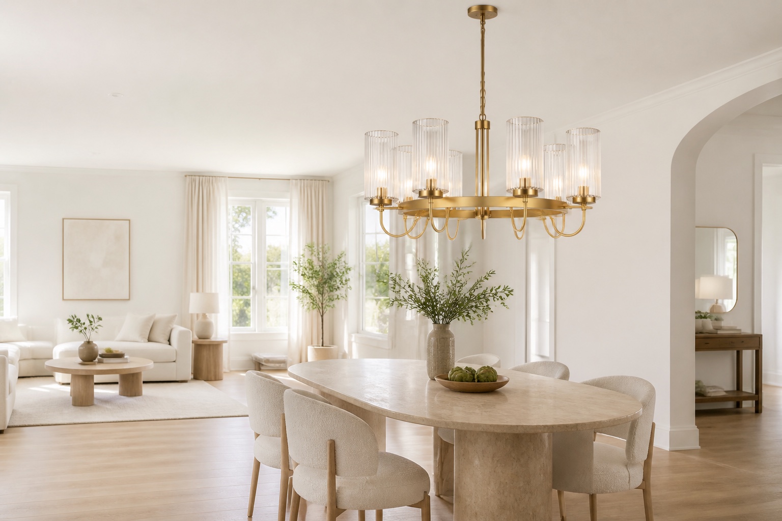 Contemporary chandelier in a bright living and dining room