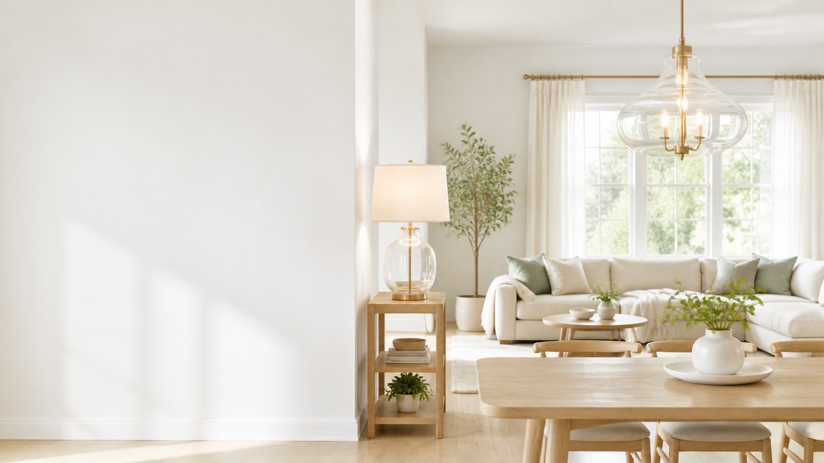 Pendant light and table lamp in a bright living and dining room