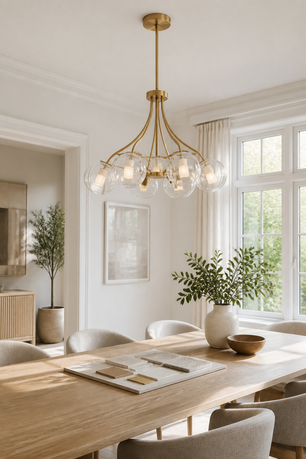 Bright dining room with a decorative chandelier and finish samples