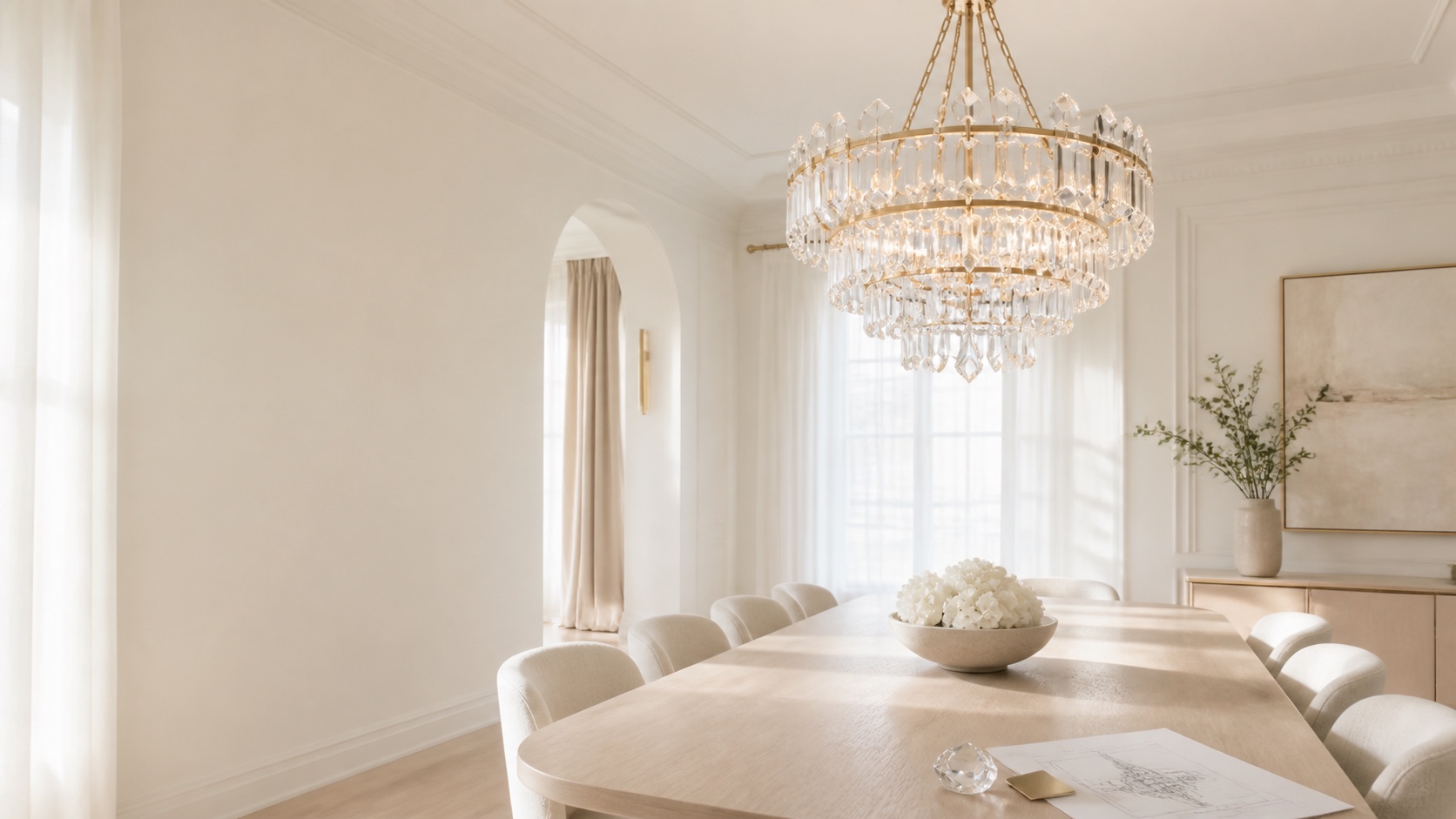 Custom crystal chandelier in a bright dining room with material samples
