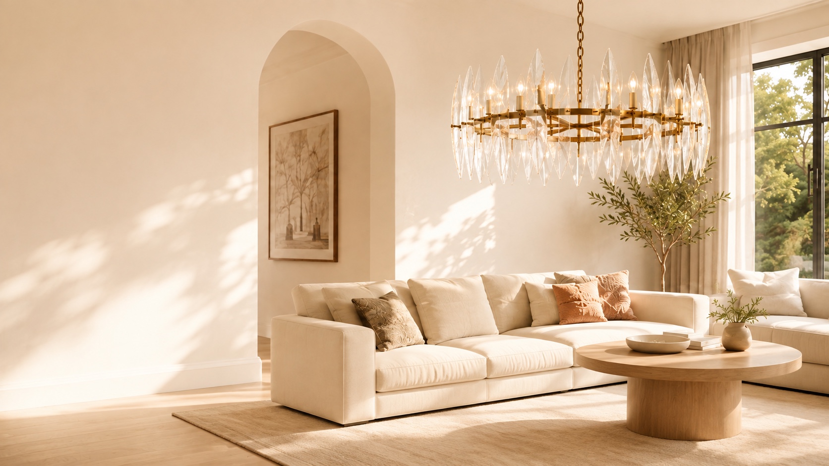 Bright living room with a clear glass and brass chandelier
