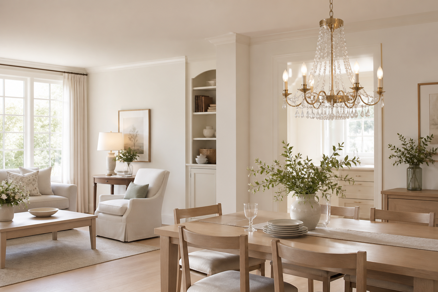 Bright living and dining room with a crystal chandelier and table lamp