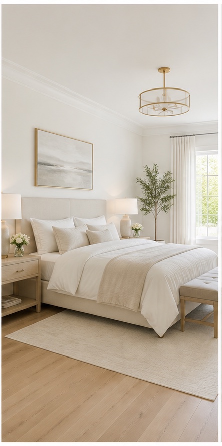 Ceiling and bedside lighting in a bright bedroom