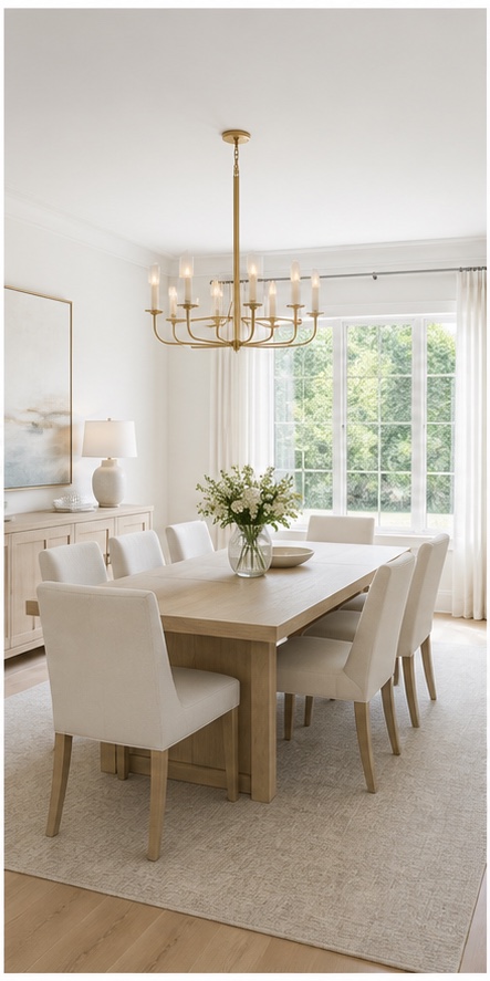 Chandelier above a bright dining room table
