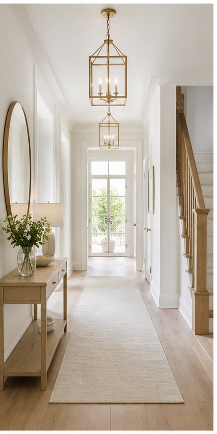 Pendant lights in a bright hallway