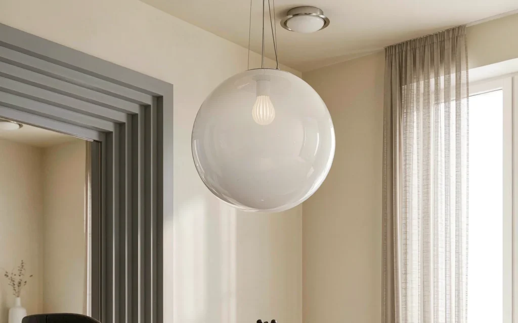Globe pendant light hanging at the correct height above a dining table