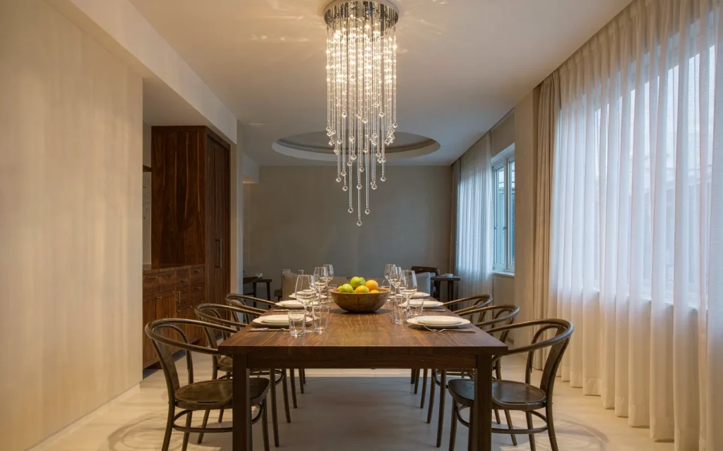 Crystal chandelier hanging above a wooden dining table in a warm dining room