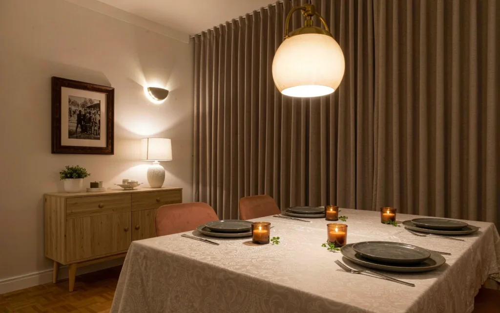 Dining room layered lighting with a glowing pendant, wall sconce and table lamp