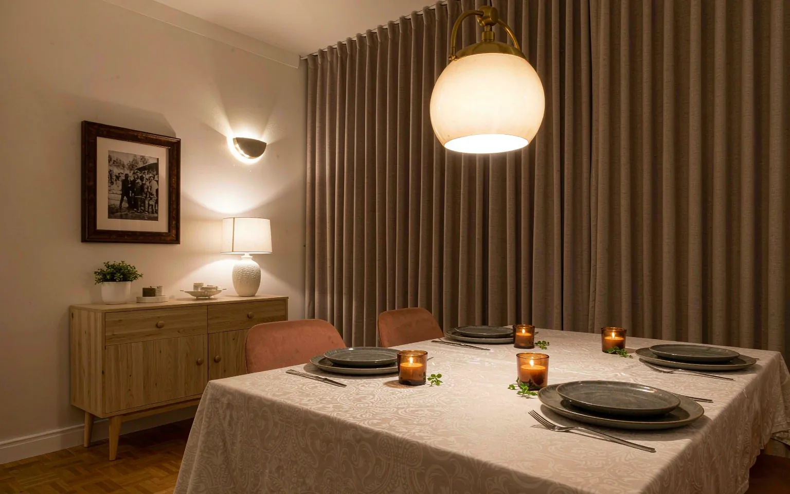 Dining room layered lighting with a glowing pendant, wall sconce and table lamp