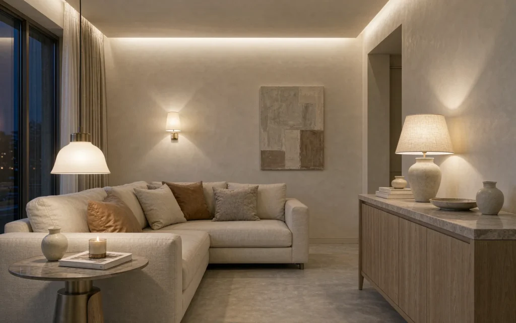 Living room showing pendant, ceiling, wall and table lamp fixtures layered together