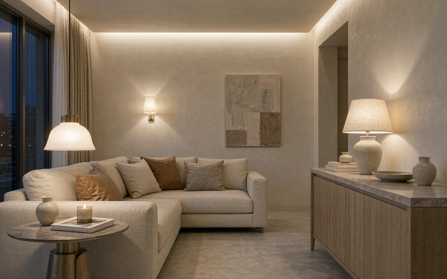 Living room showing pendant, ceiling, wall and table lamp fixtures layered together